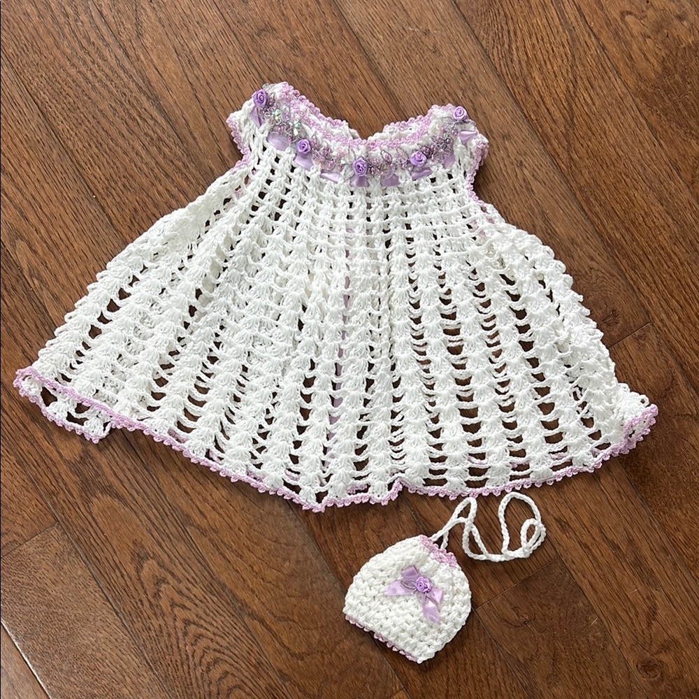 Handmade White and Purple Crochet Dress with Matching Purse